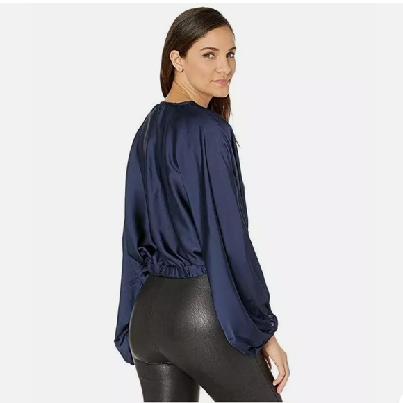 Free People Midnight Blue Blouson Sleeve Blouse with Deep V-Neck Sz Small - Picture 3 of 14